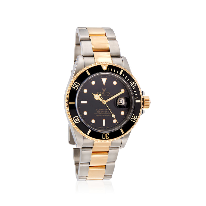 Rolex Submariner 40mm automatic watch, black dial, gold bezel, steel & yellow-gold bracelet