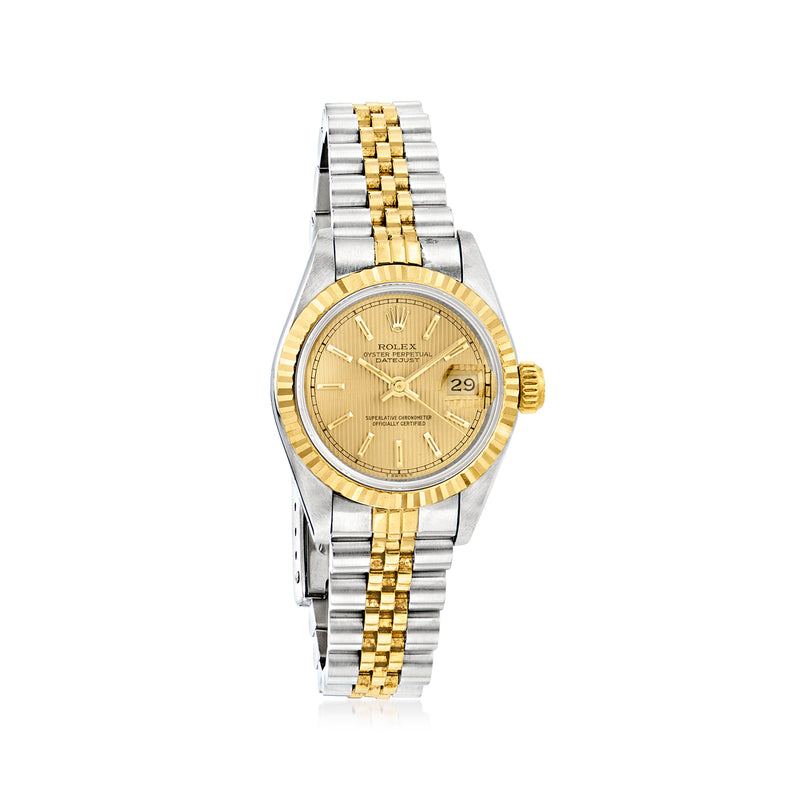 Women’s Rolex Datejust watch with gold dial, two-tone steel and yellow gold bracelet