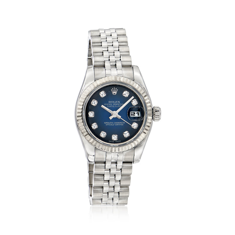 Women's Rolex Datejust watch with blue dial, stainless bracelet, fluted gold bezel