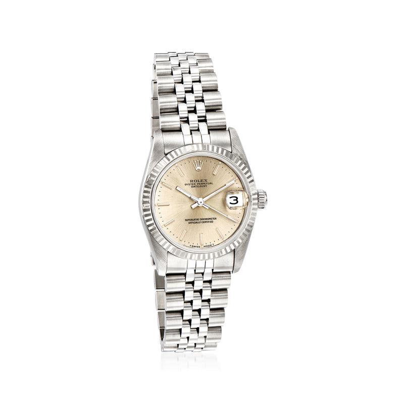Pre-owned Rolex Datejust women’s 31mm stainless steel watch with white gold fluted bezel