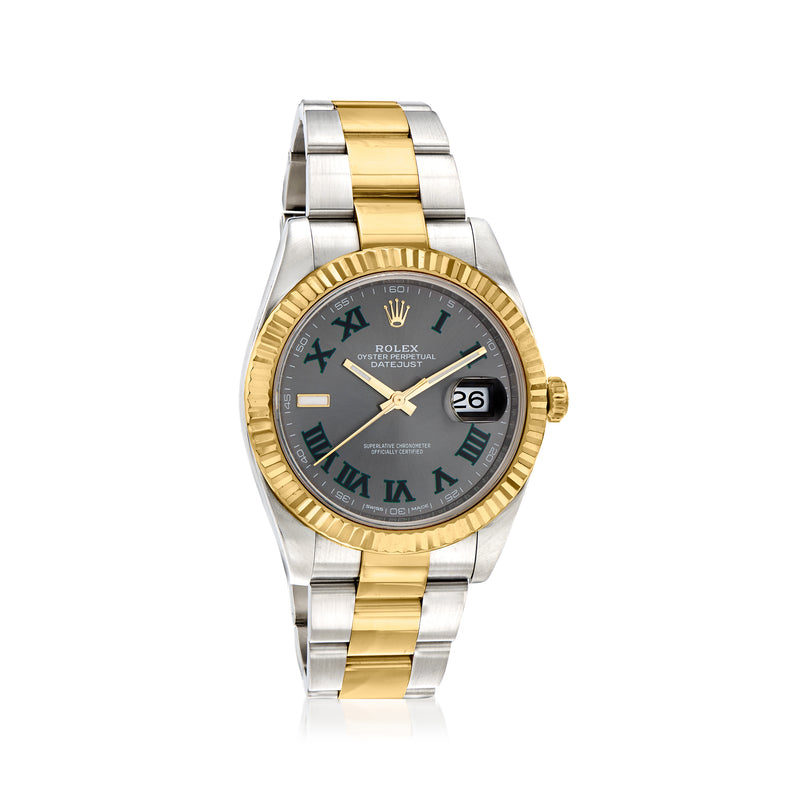 Men's two-tone automatic watch, stainless steel and yellow gold, blue dial, Roman numerals, date window
