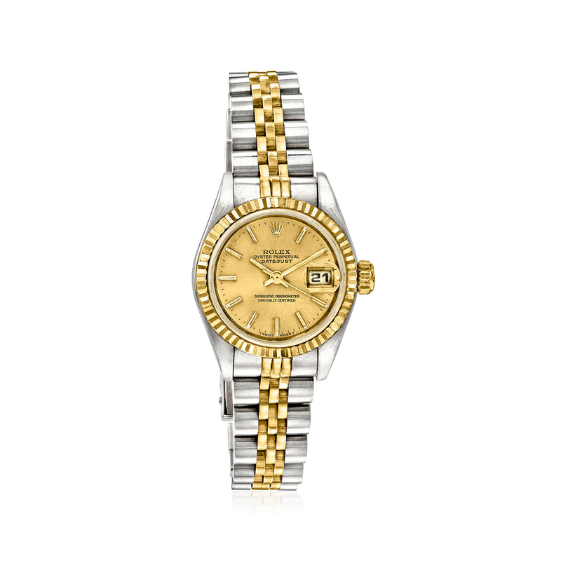 Two-tone Rolex Datejust watch with champagne dial, gold bezel, date window, link bracelet