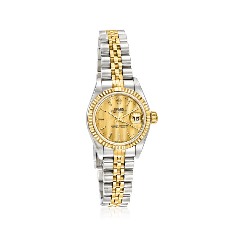 Pre-owned women's Rolex Datejust two-tone watch with gold dial, date window, and jubilee bracelet
