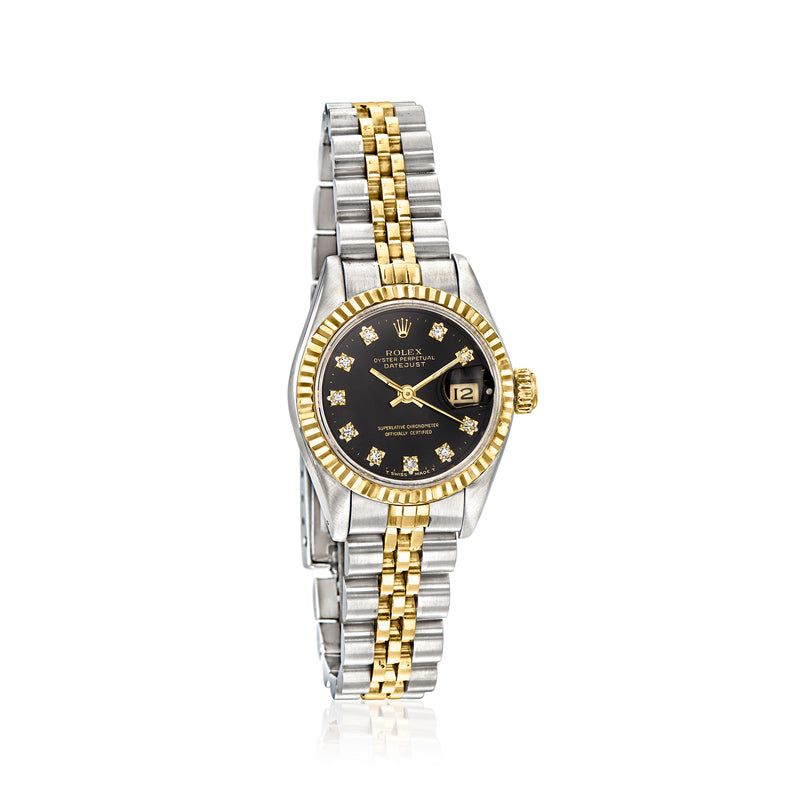 Women's Rolex Datejust 26mm watch, black dial with gold markers, steel and yellow-gold bracelet