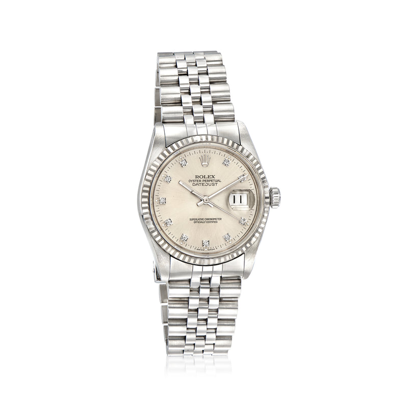 Rolex Datejust watch with stainless steel bracelet, white dial, and date window