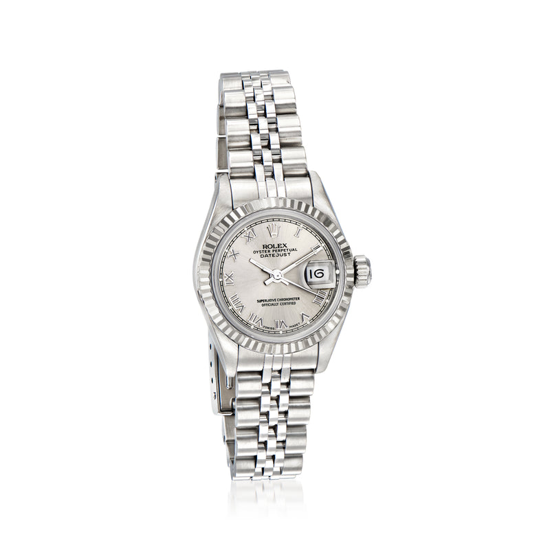 Pre-owned Rolex Datejust watch with silver dial, fluted bezel, steel and white-gold bracelet