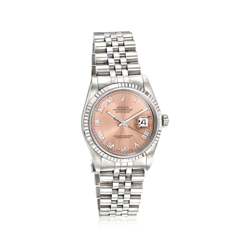 Stainless steel men's automatic wristwatch with rose dial, Roman numerals, date window