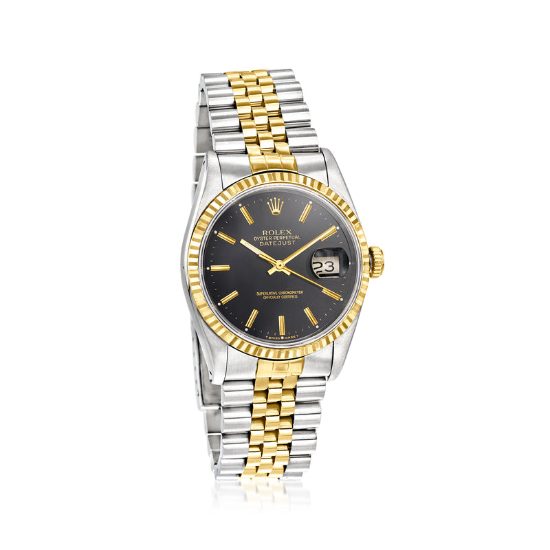 Two-tone stainless steel and yellow gold wristwatch with black dial and date window