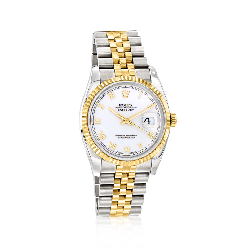 Men's two-tone Rolex Datejust 36mm wristwatch with silver dial, Roman numerals, date