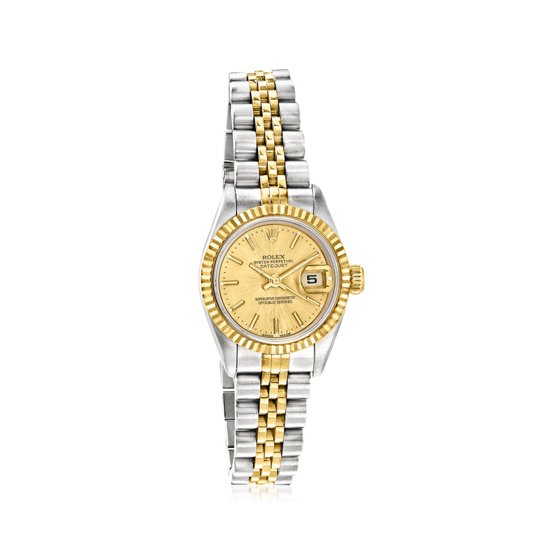 Rolex Datejust two-tone women's wristwatch, champagne dial, gold-tone date window, steel band