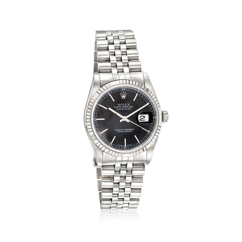 Men's Rolex Datejust watch with black dial, stainless steel bracelet and fluted bezel