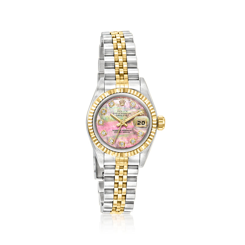 Women's stainless steel and 18k yellow gold wristwatch, pink dial, gold bezel, bracelet