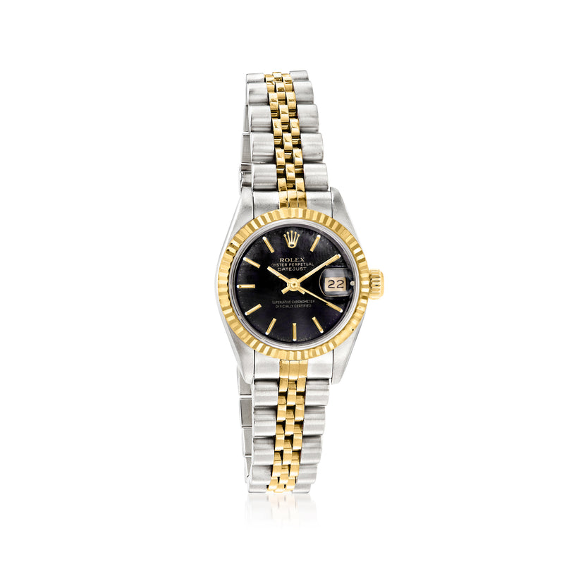 Rolex Datejust women's 26mm two-tone bracelet watch, black dial with gold markers and date