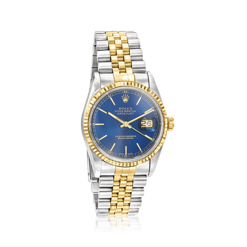 Men's Rolex Datejust watch with blue dial, gold bezel, and two-tone stainless bracelet