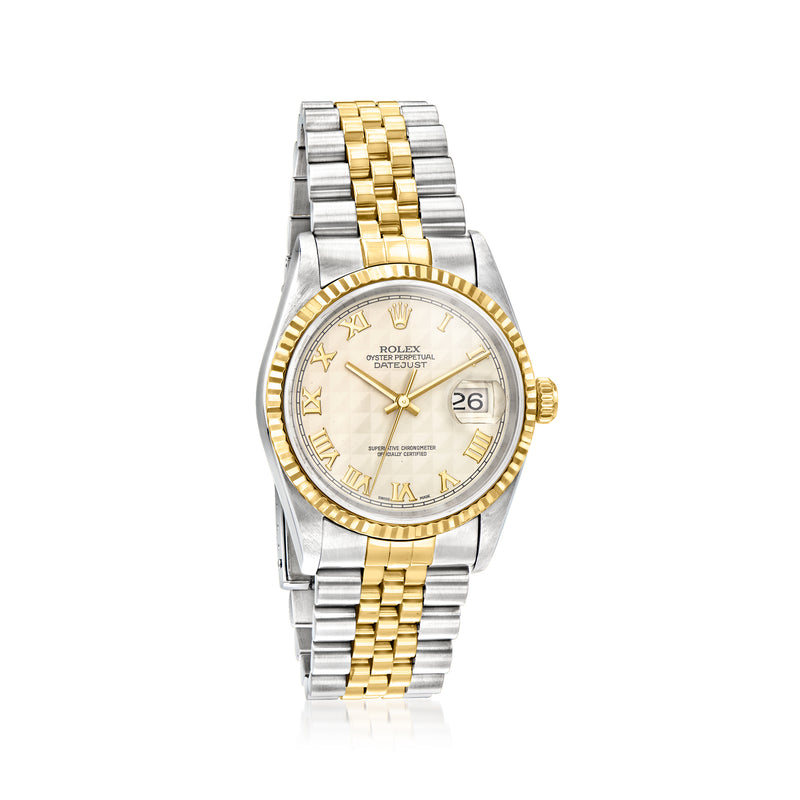 Two-tone Rolex Datejust watch with white dial, Roman numerals, gold bezel, date window 26