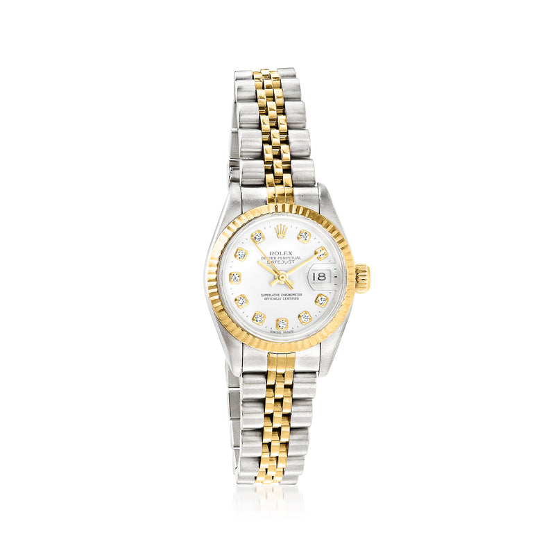 Two-tone Rolex Datejust wristwatch with white dial, gold bezel, and date window.