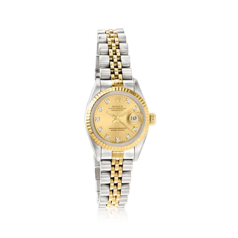 Two-tone Rolex Datejust wristwatch with champagne dial and date window; yellow gold/steel bracelet