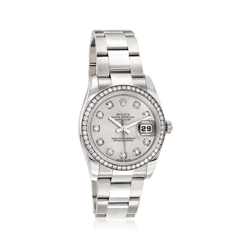 Stainless steel Rolex Datejust men's wristwatch with diamond bezel and date window