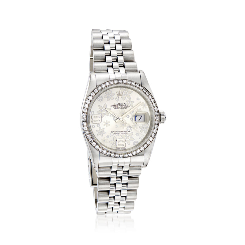 Pre-owned stainless steel Rolex Datejust watch with diamond bezel, white dial, date window