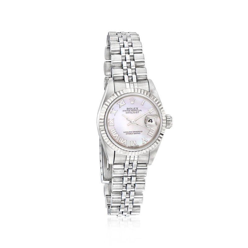 Stainless steel wristwatch with white dial, Roman numerals, and date window