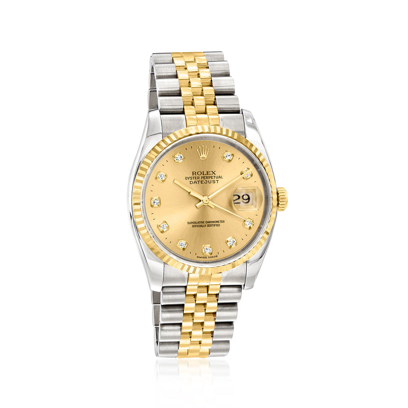 Men's Rolex Datejust 36mm watch with gold dial, gold bezel, and stainless jubilee bracelet