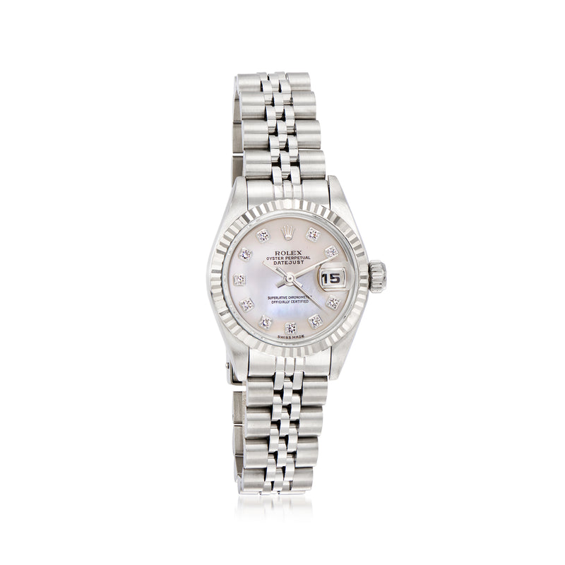 Rolex women's stainless steel wristwatch with diamond markers, date window, jubilee bracelet