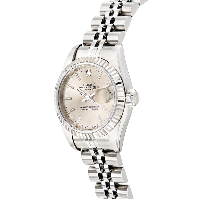 Rolex Datejust women's watch, close-up angled view with silver dial and polished stainless bezel
