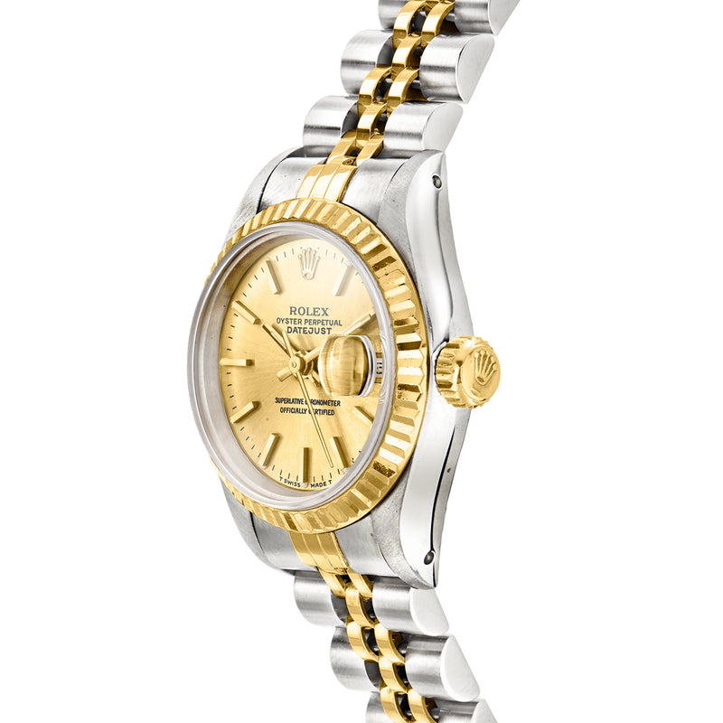 Rolex Datejust watch in steel with yellow-gold accents, champagne dial, side crown