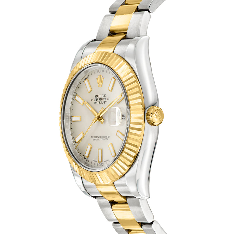Stainless steel and yellow gold Rolex watch with champagne dial, fluted bezel, side view