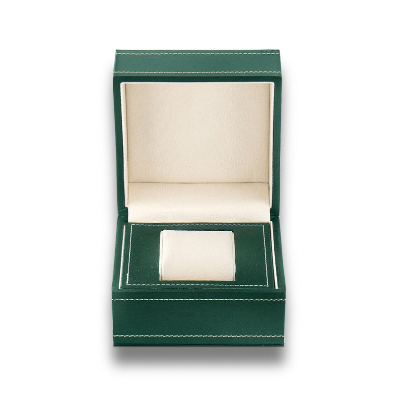 Green watch presentation box with cream insert and watch cushion