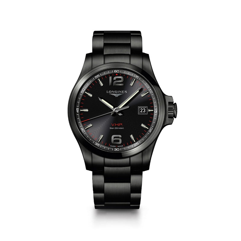 Men's Longines Conquest V.H.P. 43mm PVD watch, black dial and black stainless strap