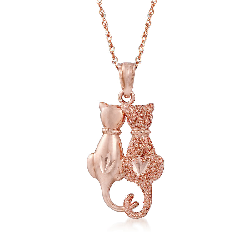 Rose gold cat duo pendant necklace with two stacked cat charms on a chain