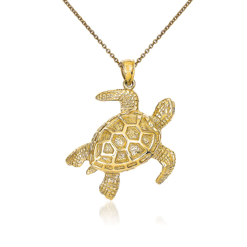 14kt yellow gold sea turtle pendant on chain, textured shell details
