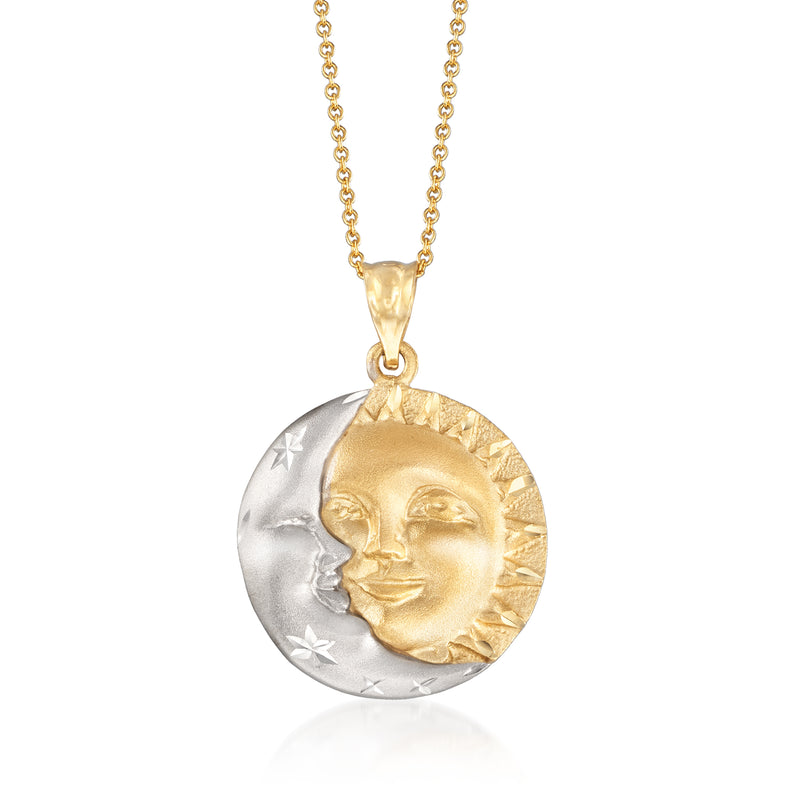 Two-tone gold sun and moon pendant necklace with round disc pendant and link chain