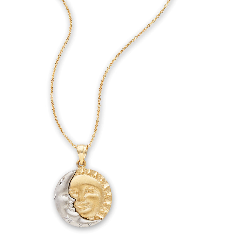 Two-tone gold sun and moon round pendant necklace with link chain, moon side with stars