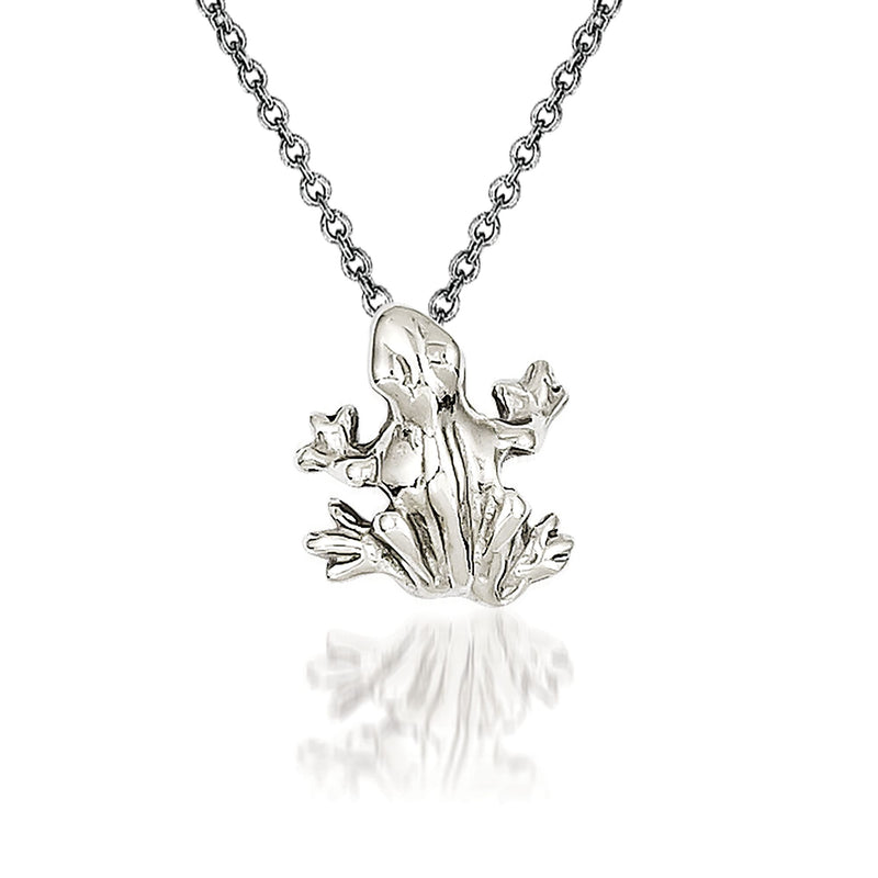 14kt white gold frog pendant necklace with polished frog charm on link chain