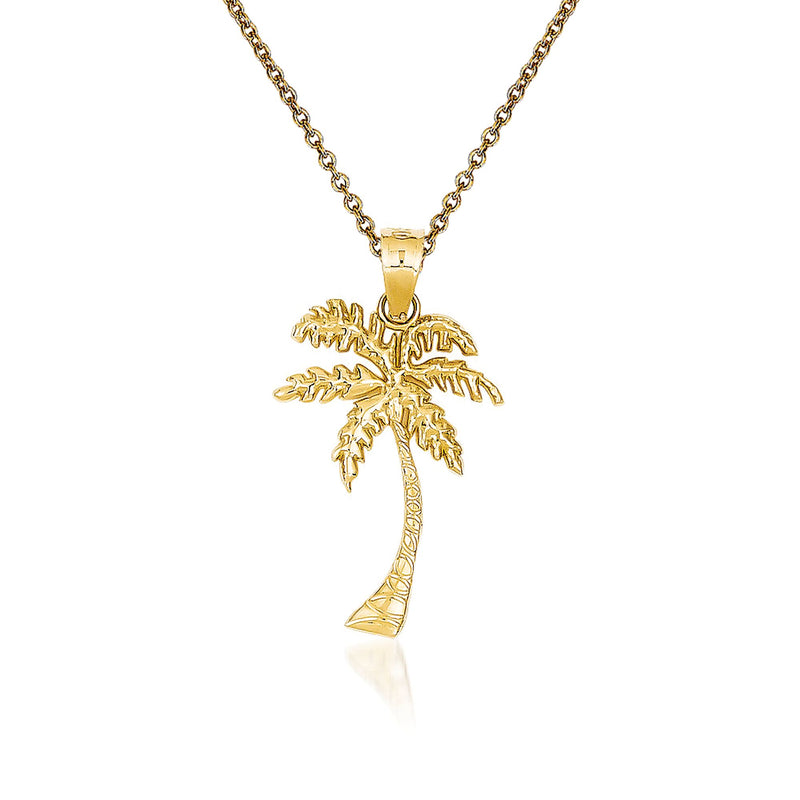 14kt yellow gold palm tree pendant necklace, polished palm and tree silhouette