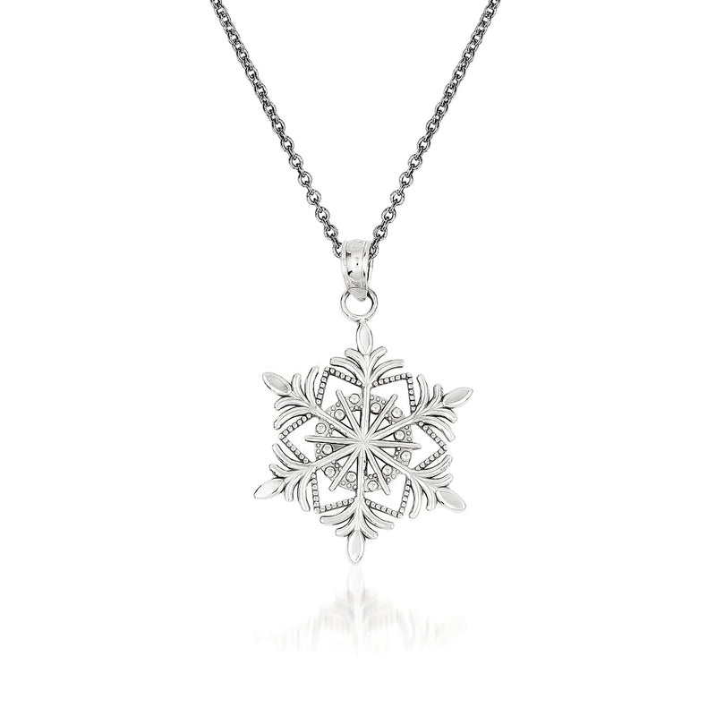14kt white gold snowflake pendant necklace, round snowflake with leaf accents