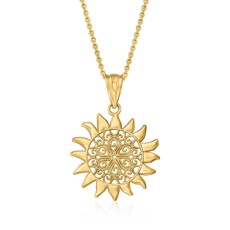 14kt yellow gold sun pendant necklace, detailed sun charm on gold chain