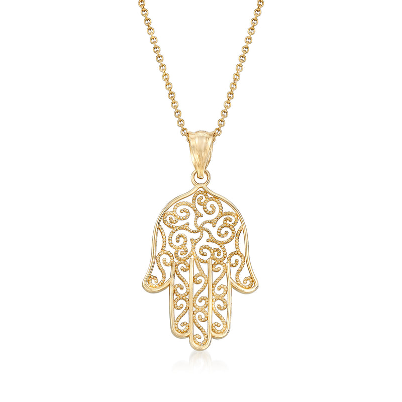14kt yellow gold filigree hamsa pendant with cable chain necklace