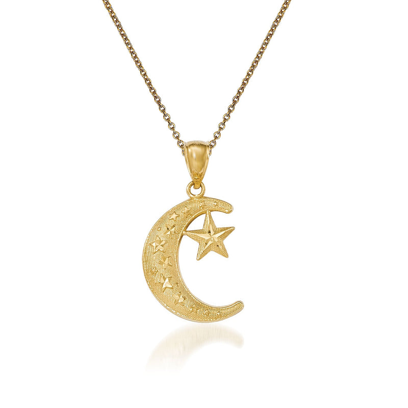 14kt yellow gold moon and star pendant necklace with crescent moon charm and small stars