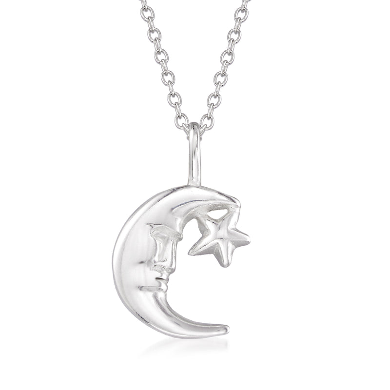 Sterling silver moon and star pendant necklace with linked chain and crescent charm
