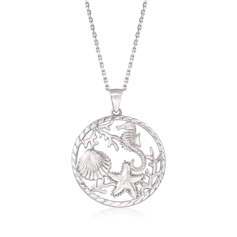 Sterling silver round seahorse and shell pendant necklace