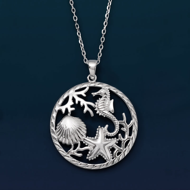 Sterling silver round sea life pendant necklace with seahorse and starfish