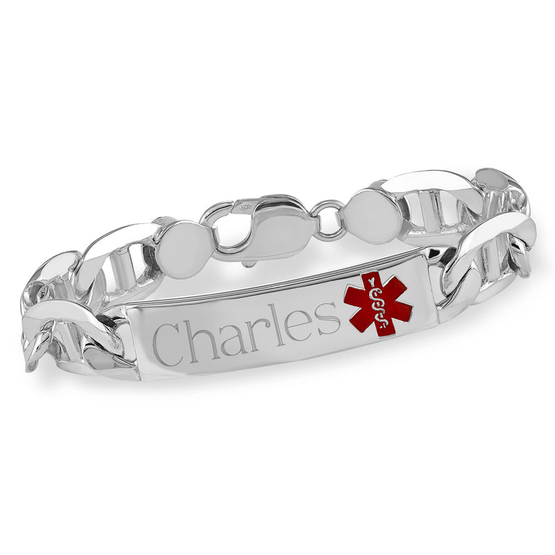 Sterling silver medical alert bracelet with engraved nameplate and red emblem