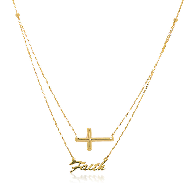 14kt yellow gold cross and Faith script necklace with layered chain