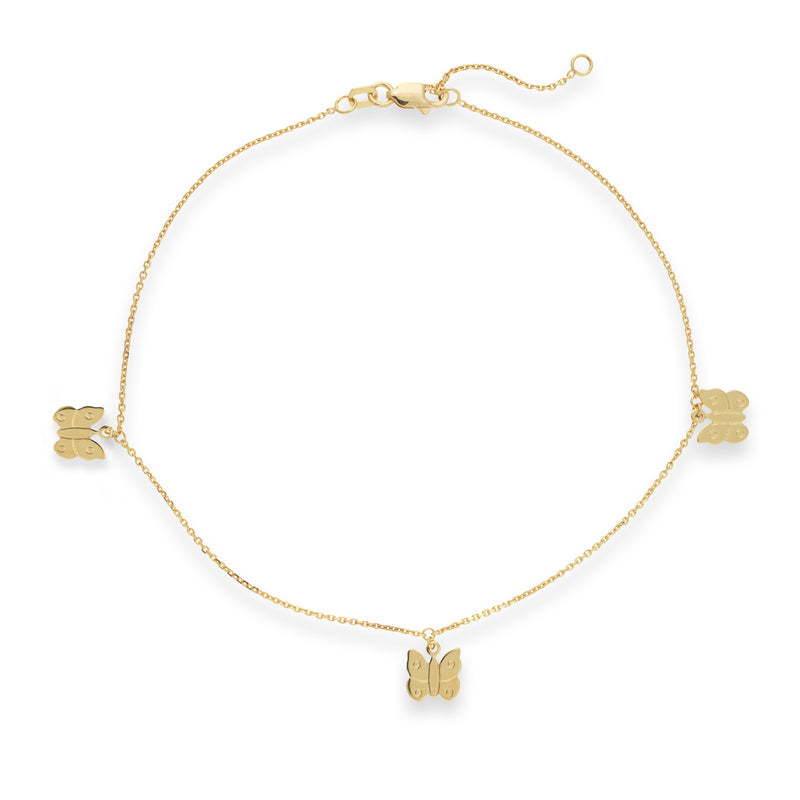14kt yellow gold butterfly dangle anklet with three butterfly charms