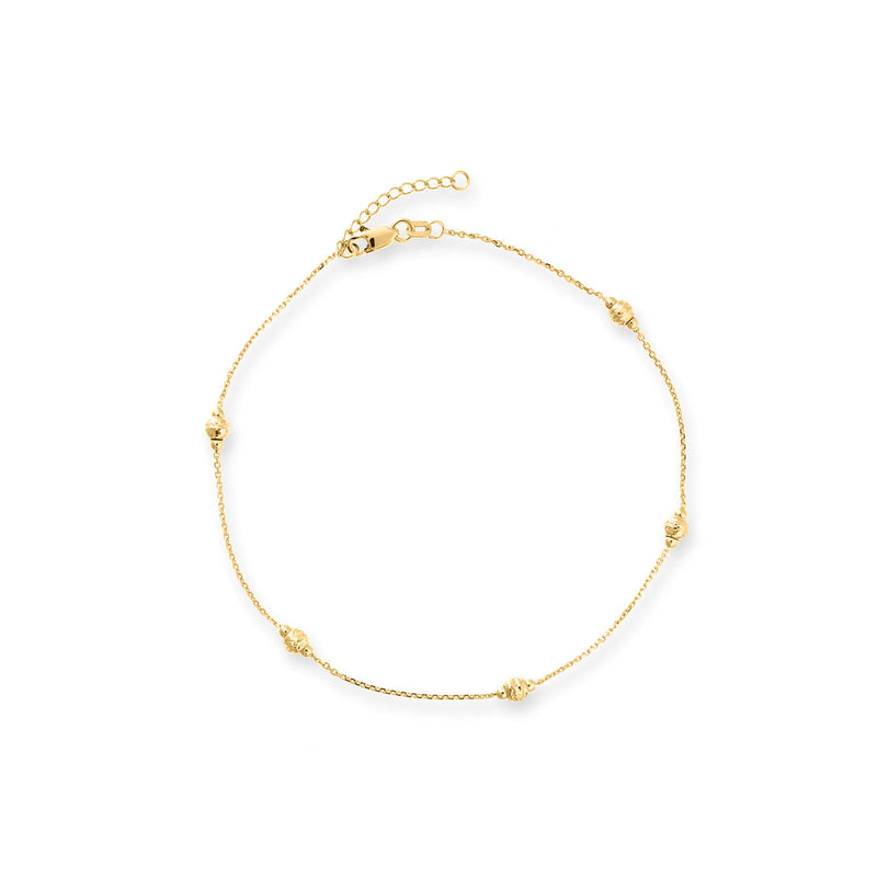 14kt yellow gold diamond-cut bead station anklet with small ball stations and lobster clasp