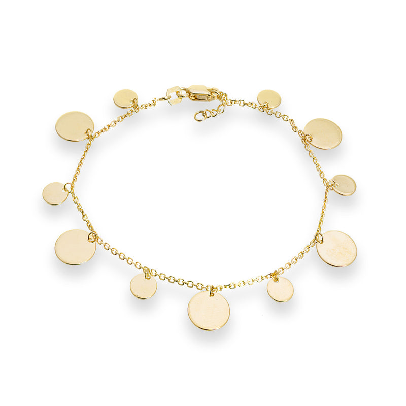 14kt yellow gold disc dangle bracelet with round dangling medallions on a chain