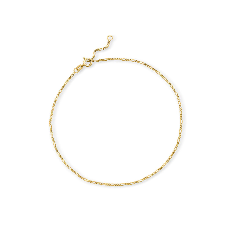 14kt yellow gold Figaro-link anklet with lobster clasp and ring extender